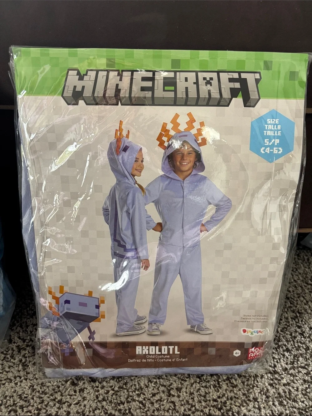 Minecraft Axolotl Halloween Costume 4/6 Purple Hooded Jumpsuit Unisex Kids